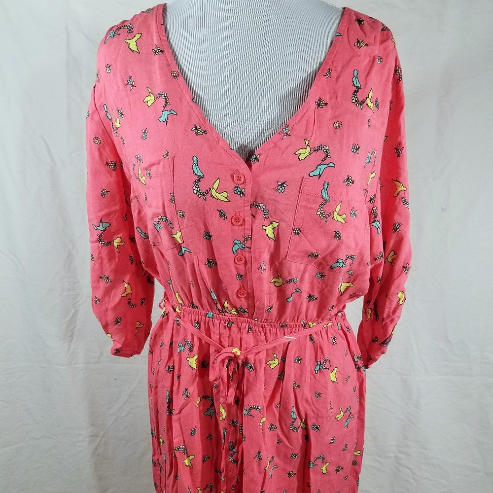 Salmon Bird Print Vneck Mini Dress SzL Long Sleeve